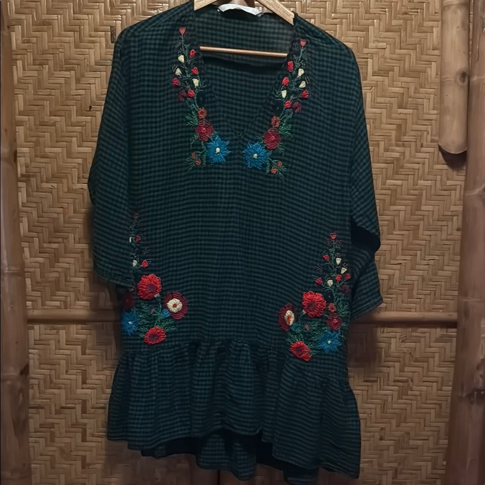 Zara Embroidered Green Checkered mini dress medium